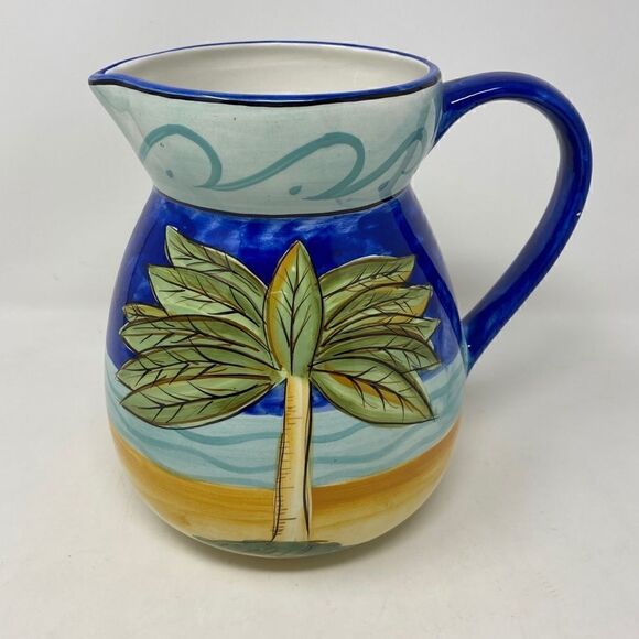 Palm Tree Water Pitcher, 5”x7”, Green, Blue - Picture 1 of 6
